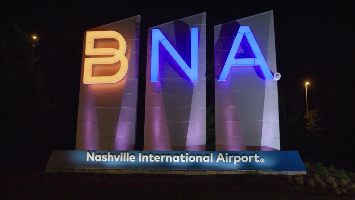 Nashville BNA airport entrance monument lit up at night