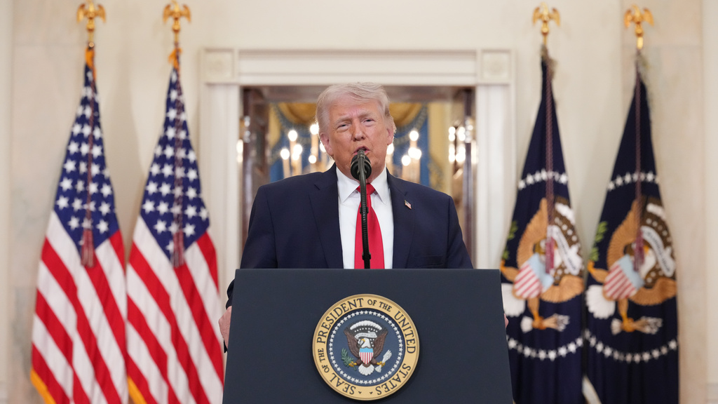 President Donald Trump speaks about the Iran war from the Cross Hall of the White House on Wednesday, April 1, 2026, in Washington.