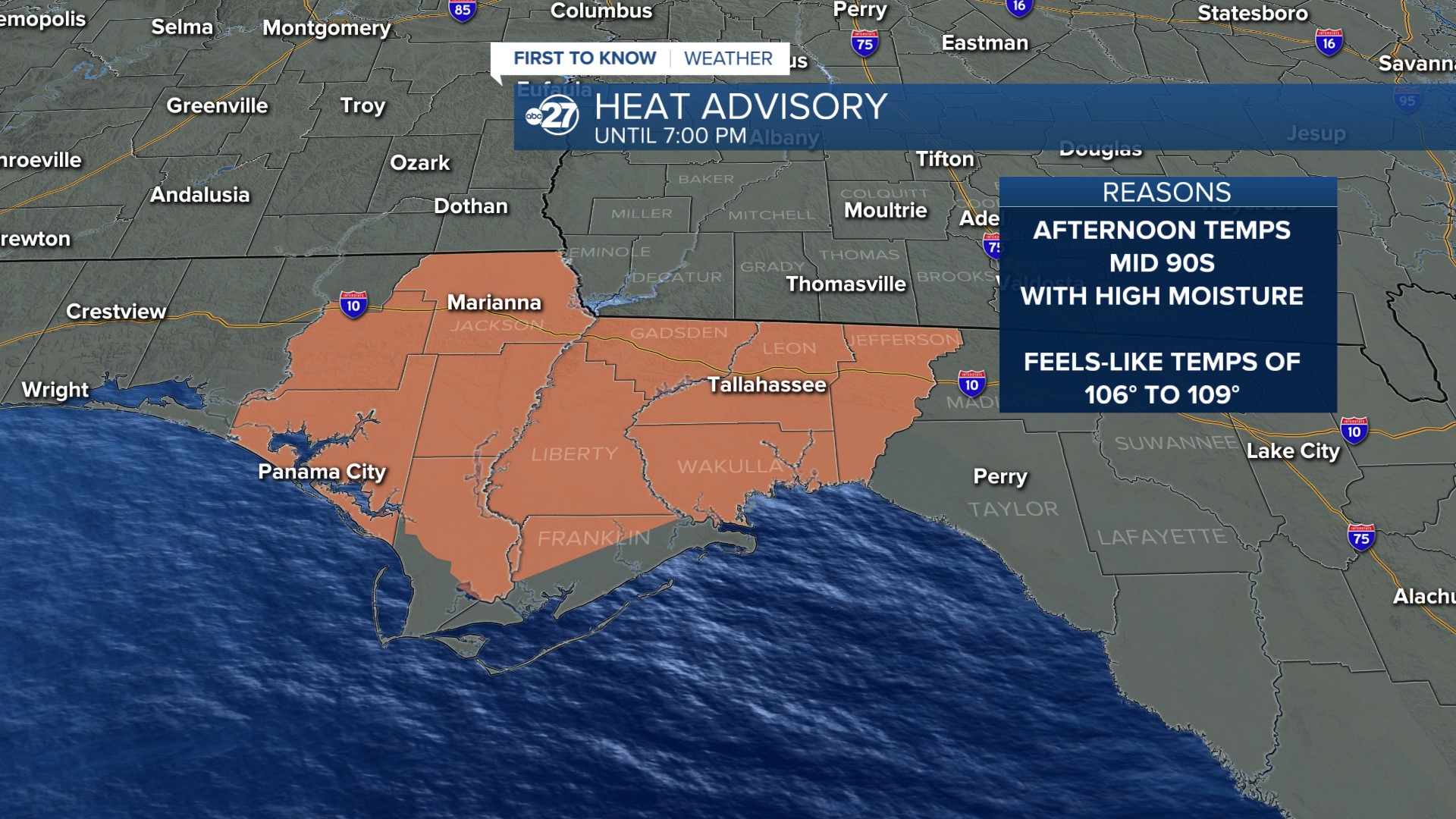 Heat Advisories in effect from 11 AM until 7 PM Wednesday