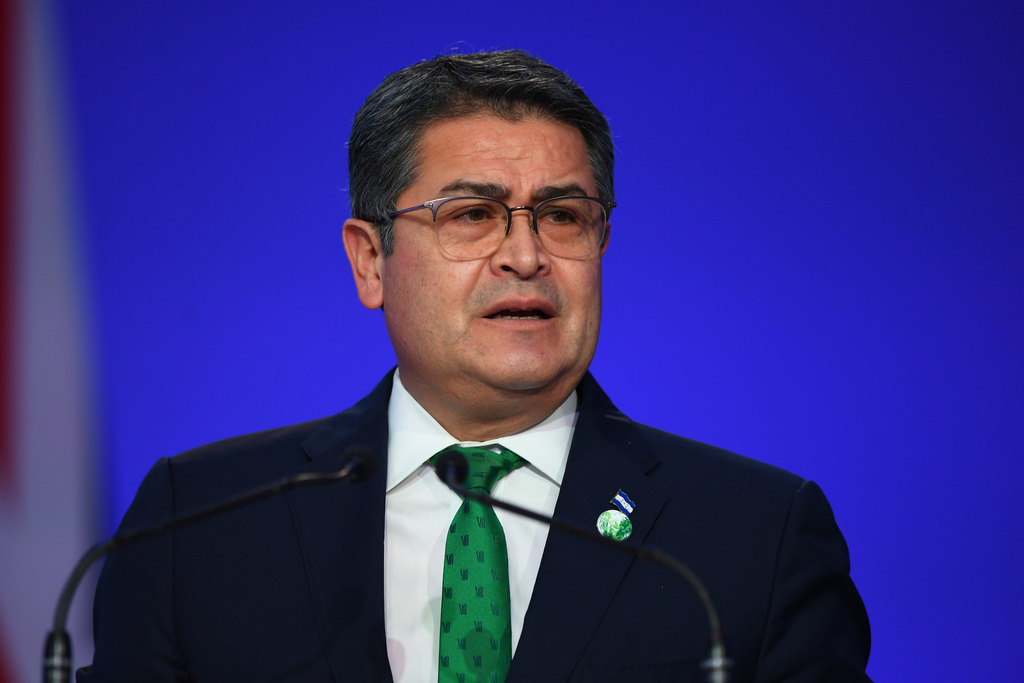 Honduras' President Juan Orlando Hernandez speaks during the opening ceremony of the UN Climate Change Conference COP26 in Glasgow, Scotland, Monday Nov. 1, 2021.  