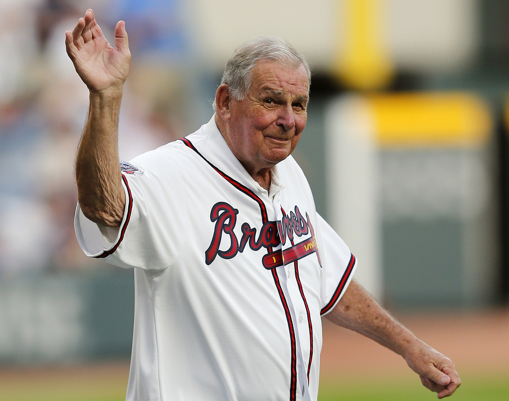 FILE - Former Atlanta Braves manager Bobby Cox waves to the crowd as he is introduced at a ceremony to open the Braves' new stadium before a baseball game against the San Diego Padres, April 14, 2017, in Atlanta. Hall of Fame manager Cox made a rare visit to Truist Park for the Braves' game against the Philadelphia Phillies, Saturday, July 6, 2024, and received a standing ovation. 