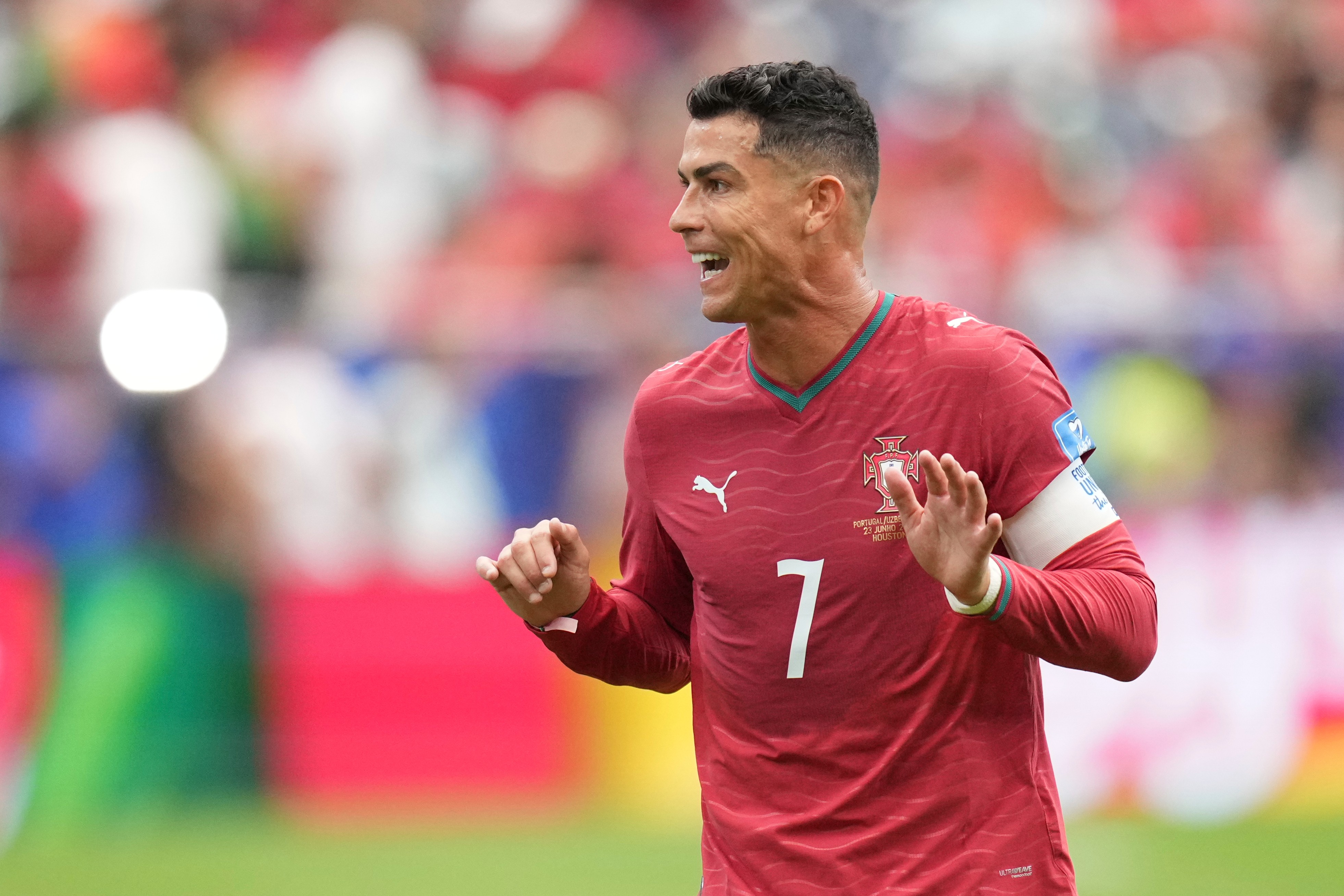 Portugal's Cristiano Ronaldo (7) reacts during the World Cup Group K soccer match between Portugal and Uzbekistan in Houston, Tuesday, June 23, 2026. 