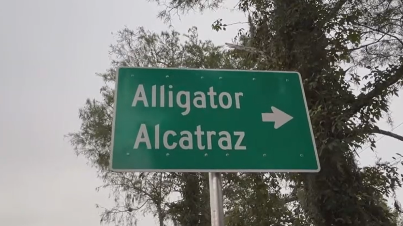 A sign for "Alligator Alcatraz" in Florida.