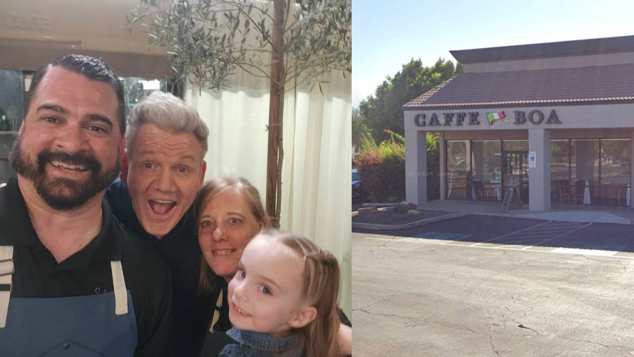Left: Patrick Larson, along with his family, and Gordon Ramsay. Right: Caffe Boa Ahwatukee