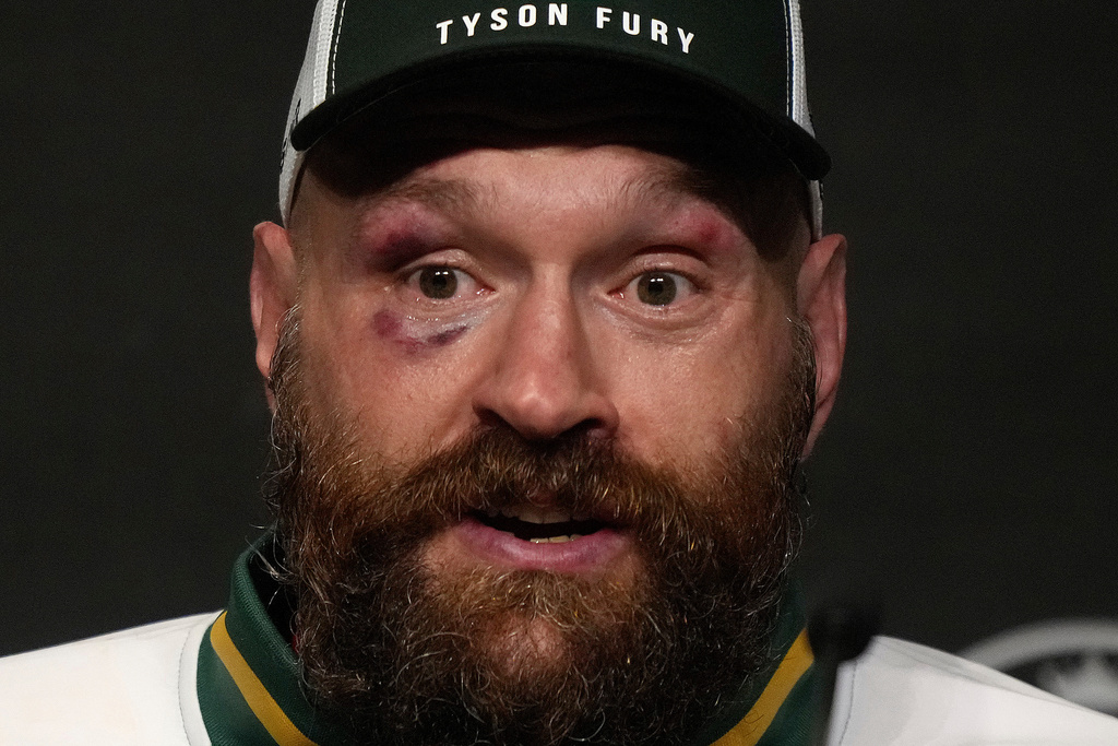 Britain's boxer Tyson Fury speaks at a press conference after loosing his fight against Ukraine's boxer Oleksandr Usyk for the WBA, WBO, and WBC heavyweight title in Riyadh, Saudi Arabia.