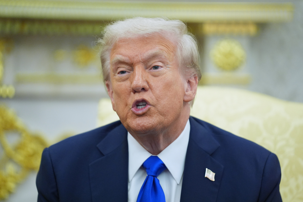 President Donald Trump speaks during a meeting with Canadian Prime Minister Mark Carney in the Oval Office of the White House, Tuesday, Oct. 7, 2025, in Washington. 