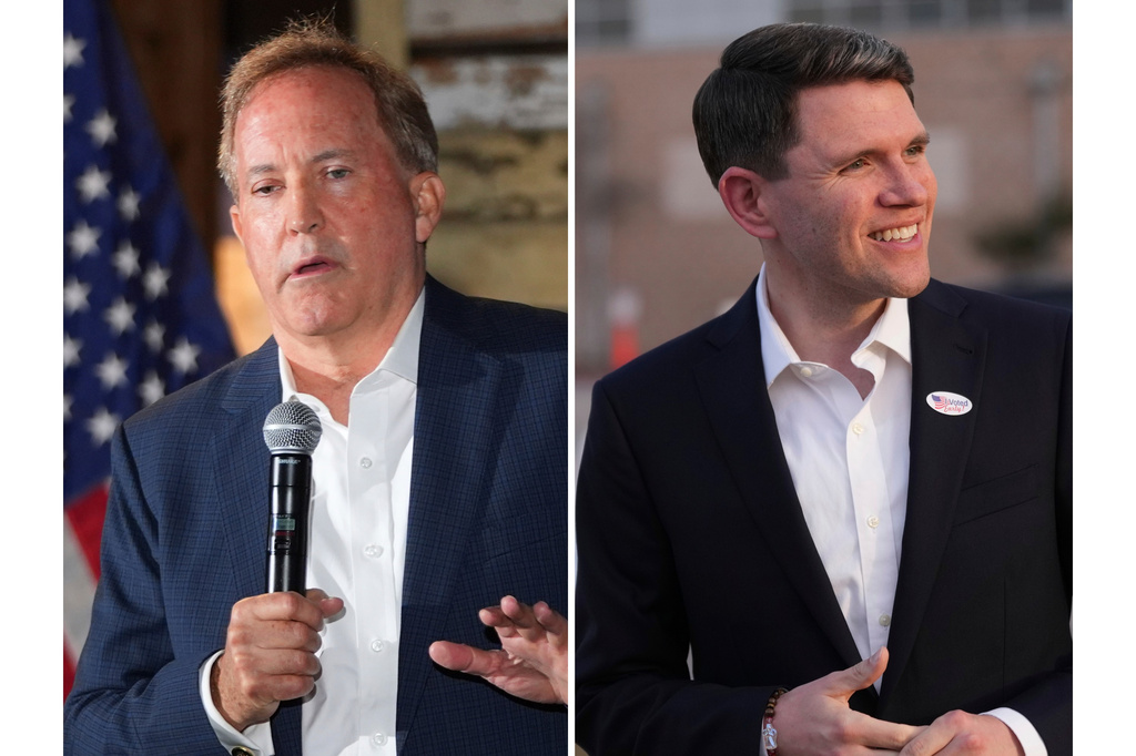 FILE - At left, Texas Attorney General Ken Paxton speaks in McKinney, Texas, May 19, 2026, and at right, Texas state Rep. James Talarico, after voting, in Austin, Texas, Feb. 17, 2026.