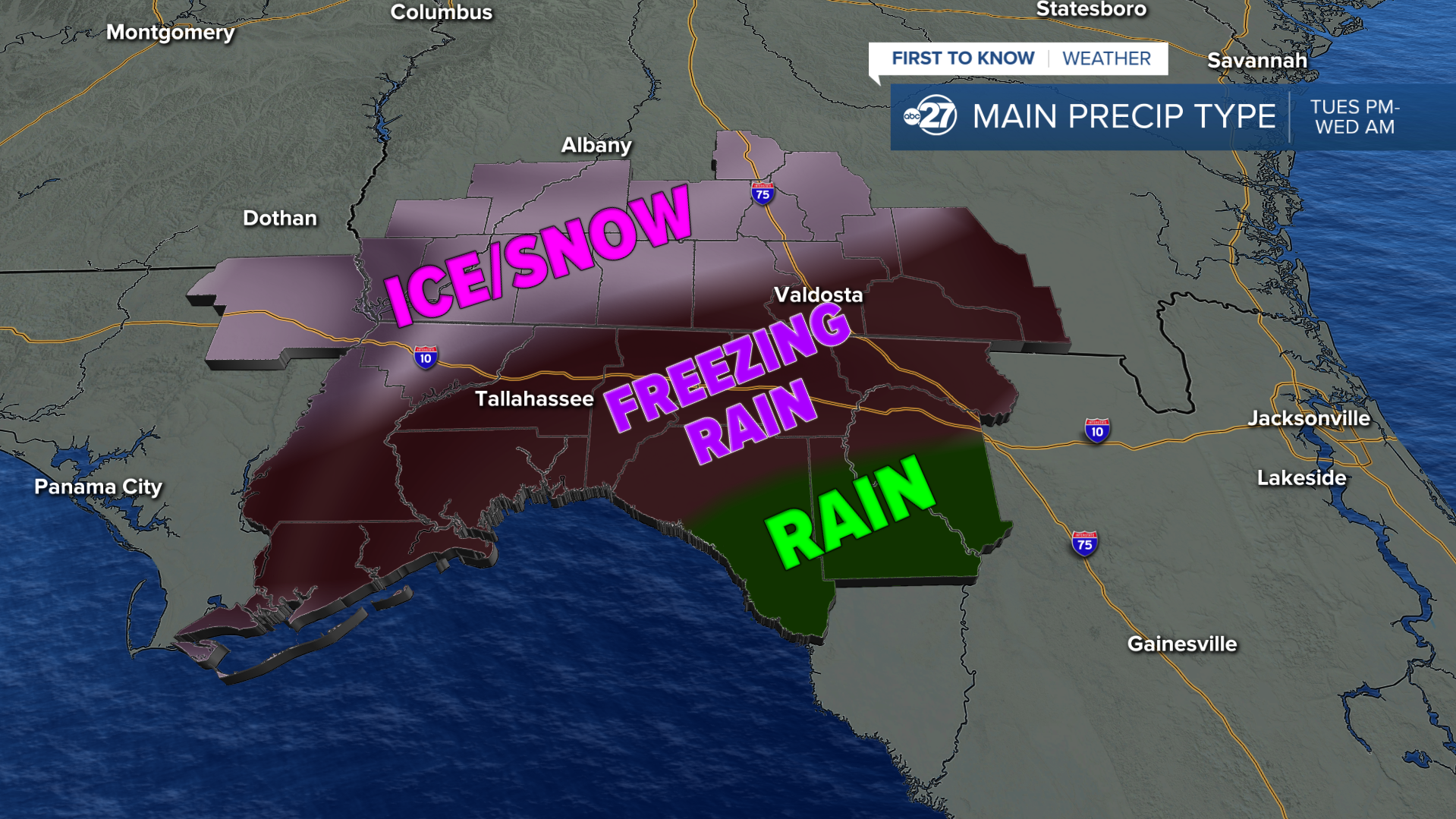 Location of precipitation types in our neighborhoods Tuesday into Wednesday
