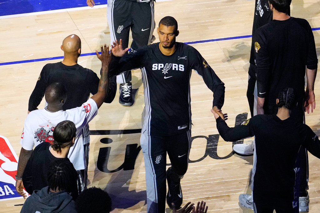 San Antonio Spurs forward Victor Wembanyama is introduced prior to Game 3 of the NBA Finals basketball series against the New York Knicks, Monday, June 8, 2026, in New York. 