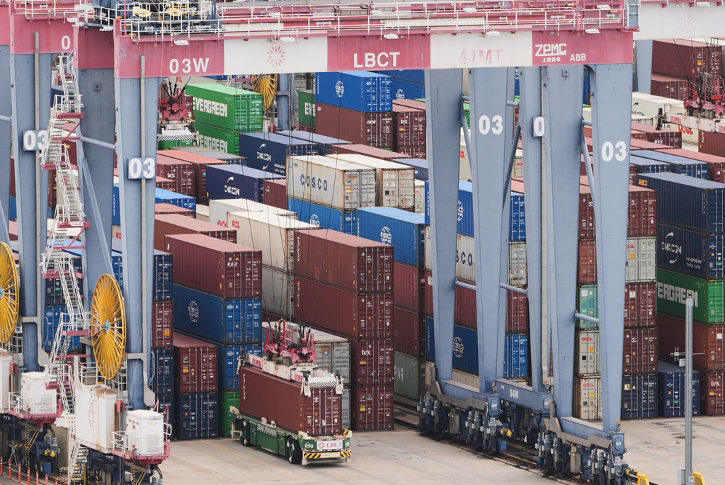 Containers are stacked at the Port of Long Beach Friday, Feb. 20, 2026, in Long Beach, Calif. 