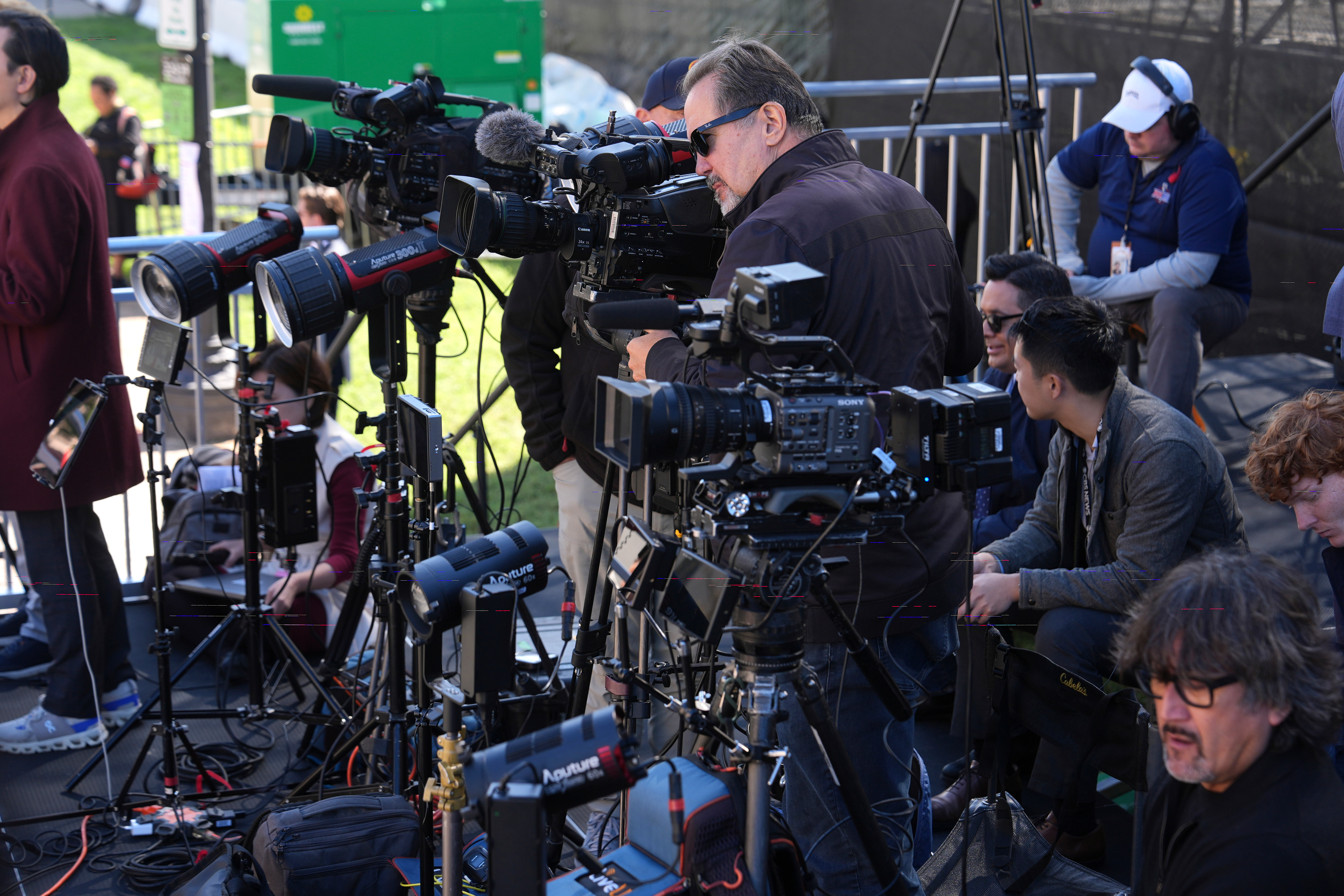 Television networks set up before President Donald Trump, first lady Melania Trump, China's President Xi Jinping and his wife Peng Liyuan arrive at the National Archives Museum, Friday, Sept. 25, 2026, in Washington.