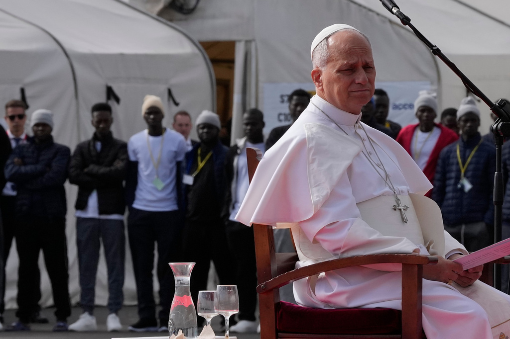 Pope Leo XIV attends a meeting with migrants at the 'Las Raices' center, in San Cristobal de la Laguna, Tenerife, Spain, Friday, June 12, 2026.