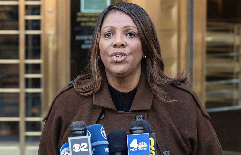  New York Attorney General Letitia James speaks during a news conference outside Manhattan federal court in New York on Feb. 14, 2025.