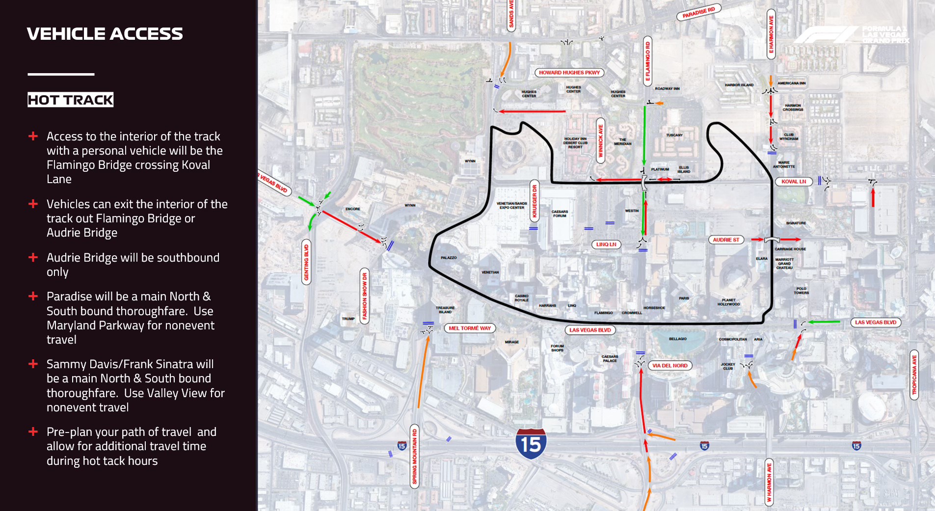 F1 Las Vegas Grand Prix race circuit outline and road closures.