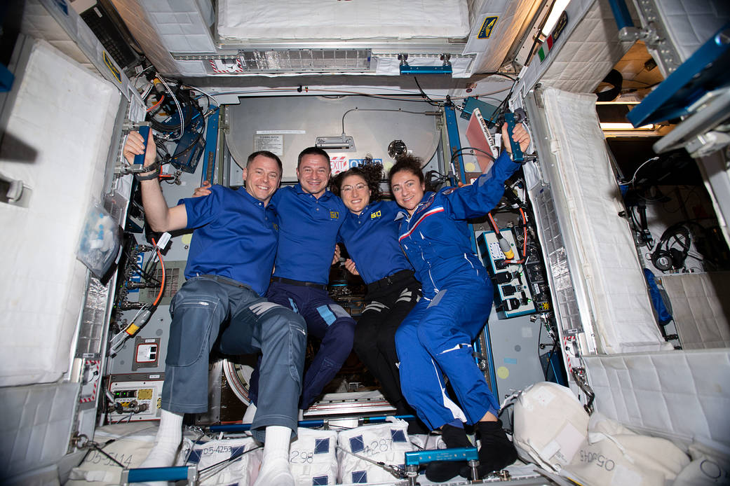 Four NASA astronauts pose for a portrait aboard the International Space Station. From left are Flight Engineers Nick Hague, Andrew Morgan, Christina Koch and Jessica Meir.