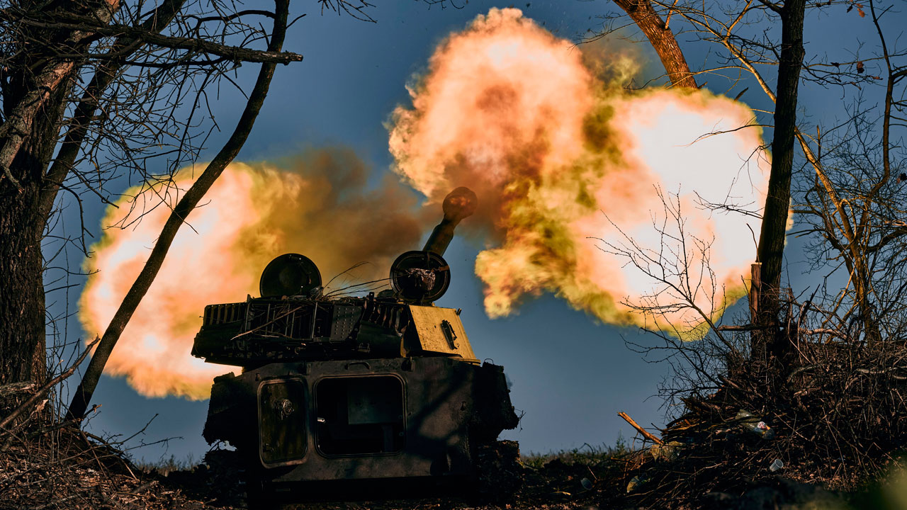 A self-propelled artillery vehicle fires near Bakhmut, Donetsk region, Ukraine, Wednesday, Nov. 9, 2022.