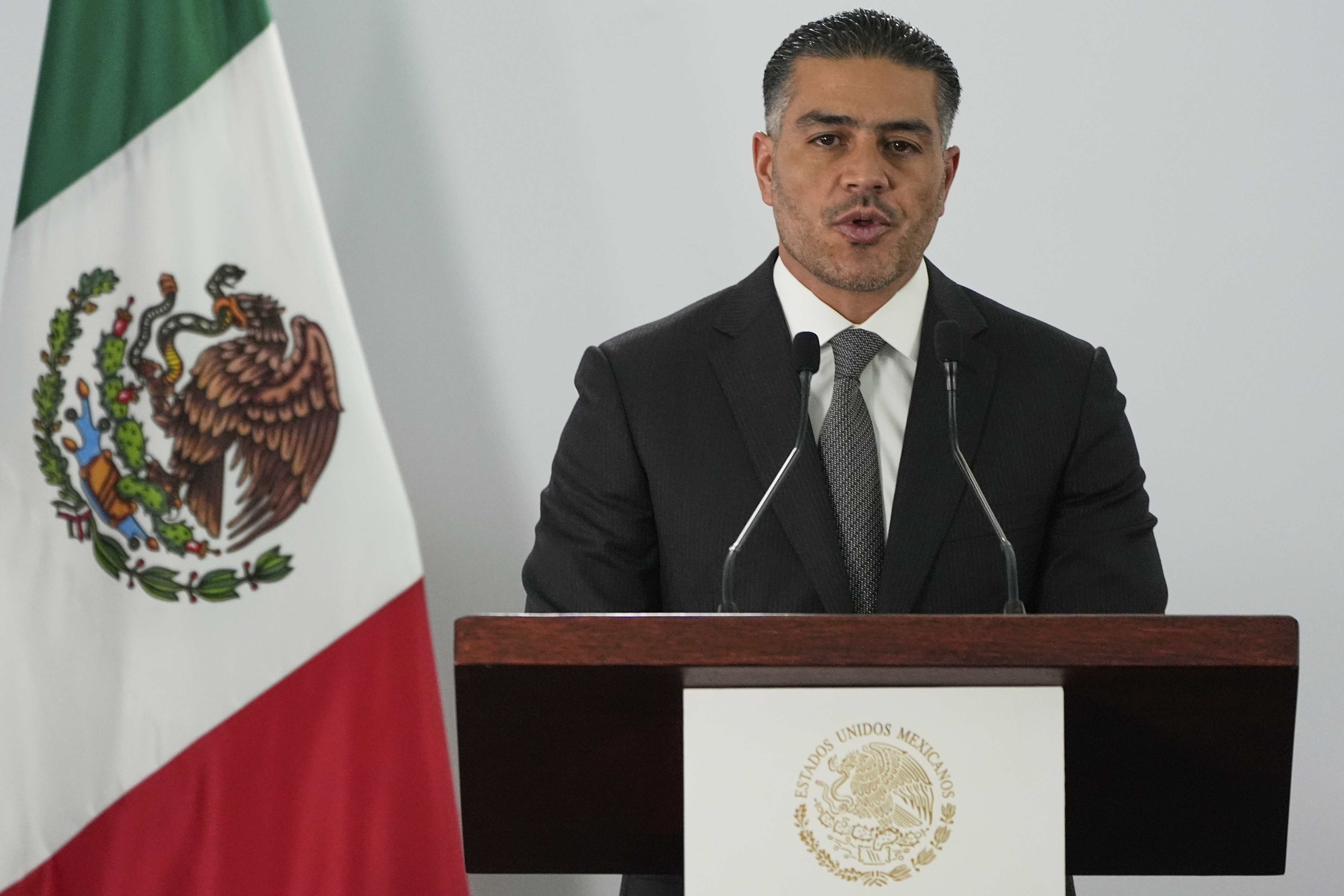 Mexican Security and Citizen Protection Minister Omar Garcia Harfuch gives a news conference about Mexico having sent 29 Mexican drug cartel figures to the U.S., in Mexico City,