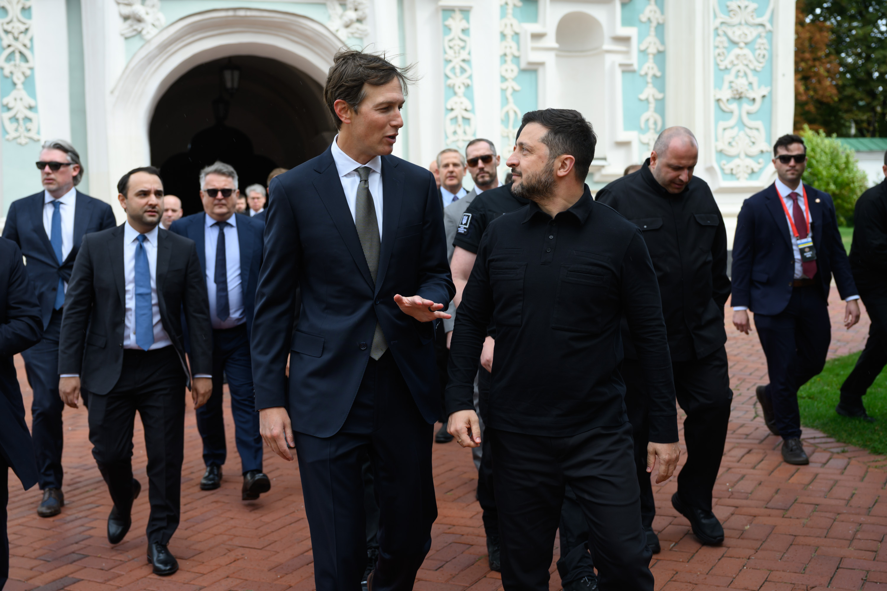 In this photo provided by the Ukrainian Presidential Press Office, Ukraine's President Volodymyr Zelenskyy, right, and U.S. President Donald Trump's envoy Jared Kushner talk in Kyiv, Ukraine, Sunday, Sept. 6, 2026.