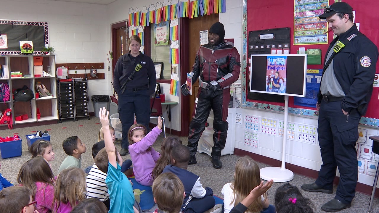 Ant-Man and Wakulla Fire Rescue talk with kids at Riversink Elementary
