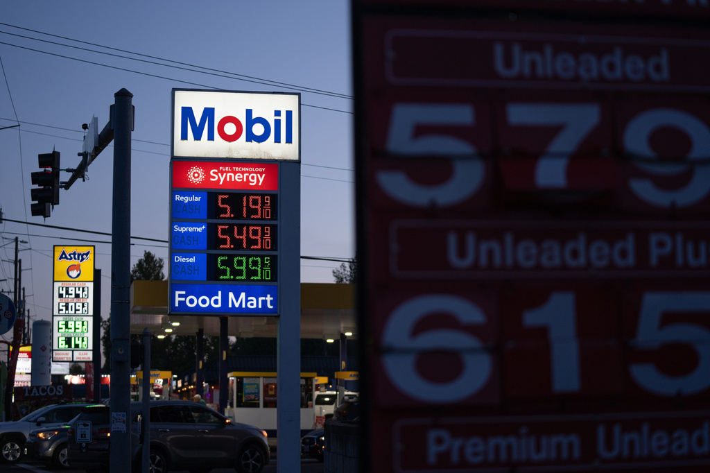 Gasoline prices are displayed at a Mobil gas station on Wednesday, April 29, 2026, in Portland, Ore. 