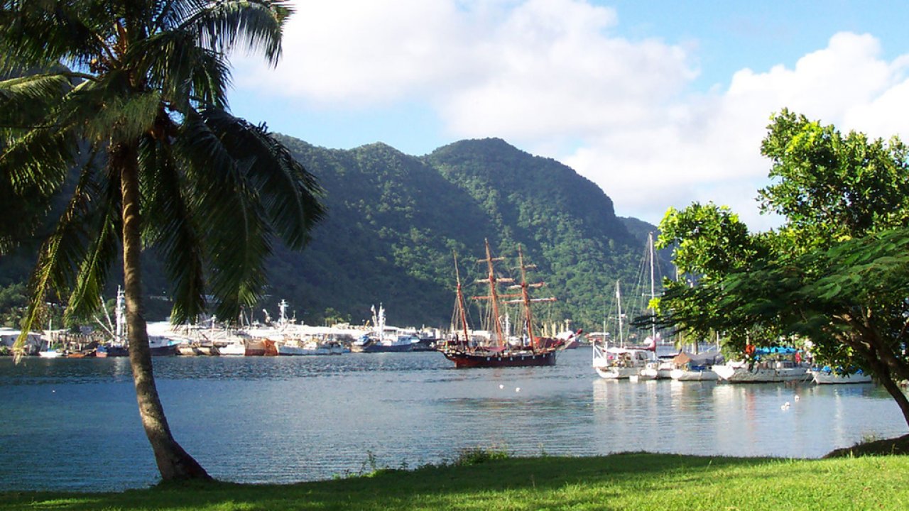 A sailing ship is seen in the harbor at Pago Pago, American Samoa.