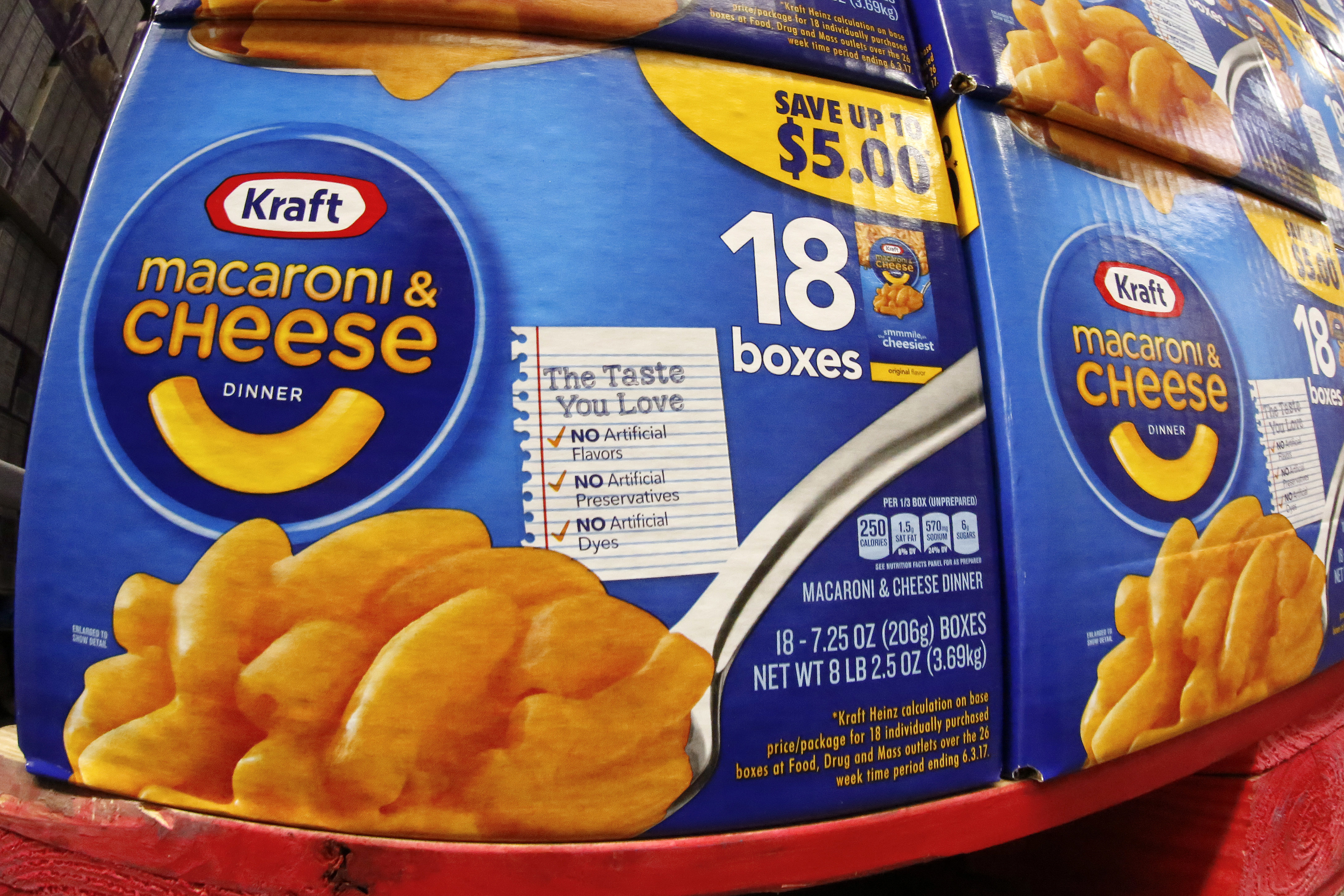 This Thursday, Feb. 22, 2018 photo shows a display of Kraft macaroni and cheese in a Sam's Club in Pittsburgh. 