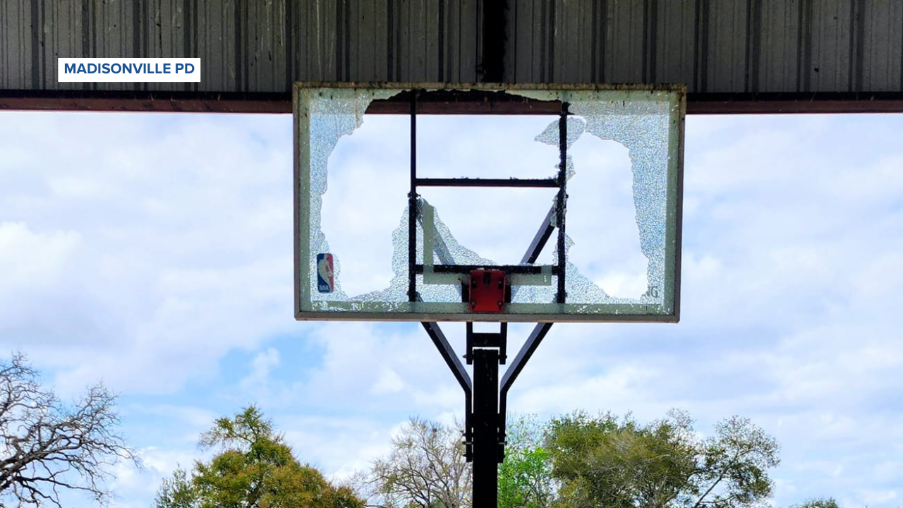 Madisonville broken basketball backboard at park