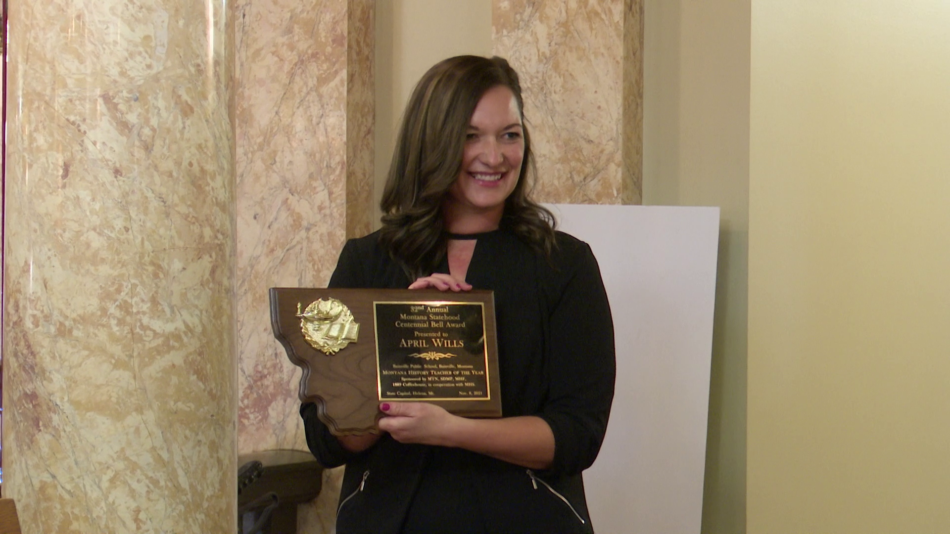April Wills, a fifth-grade teacher from Bainville in northeastern Montana, received the Montana Statehood Centennial Bell Award