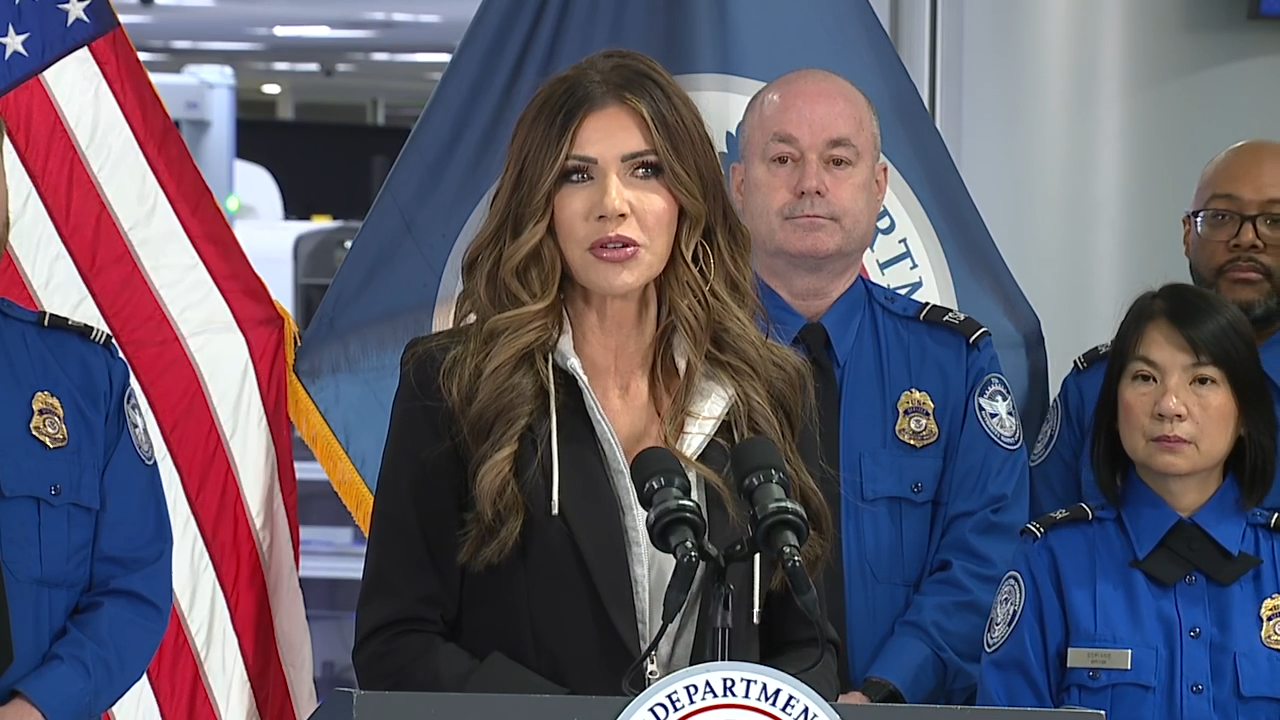 U.S. Secretary of Homeland Security Kristi Noem at Harry Reid International Airport in Las Vegas, Nev., on Nov. 22, 2025.