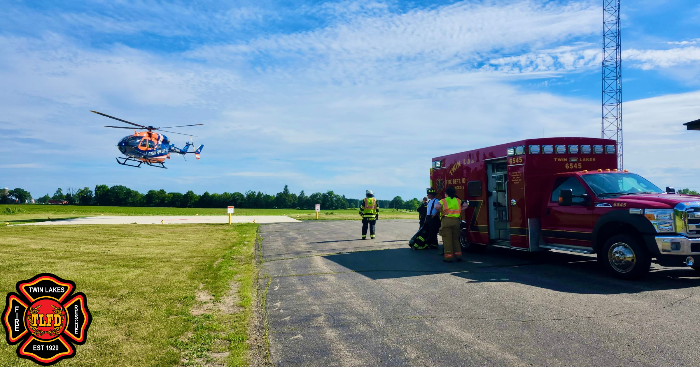 Flight for Life helicopter takes off to transport critically injured patient involved in a motorcycle crash in the Town of Randall in Kenosha County on Sunday, May 31, 2026.