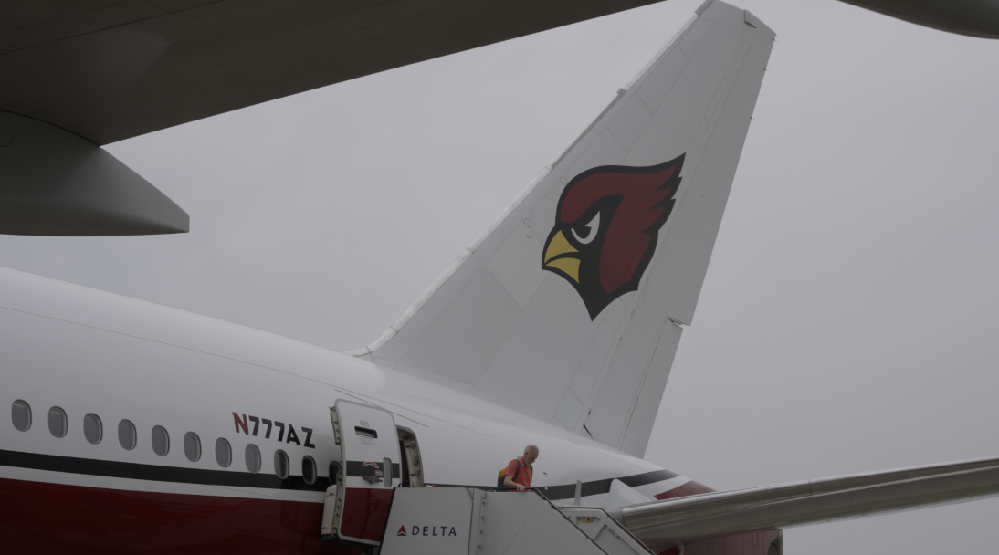 The Arizona Cardinal's team logo on the tail of the team jet.