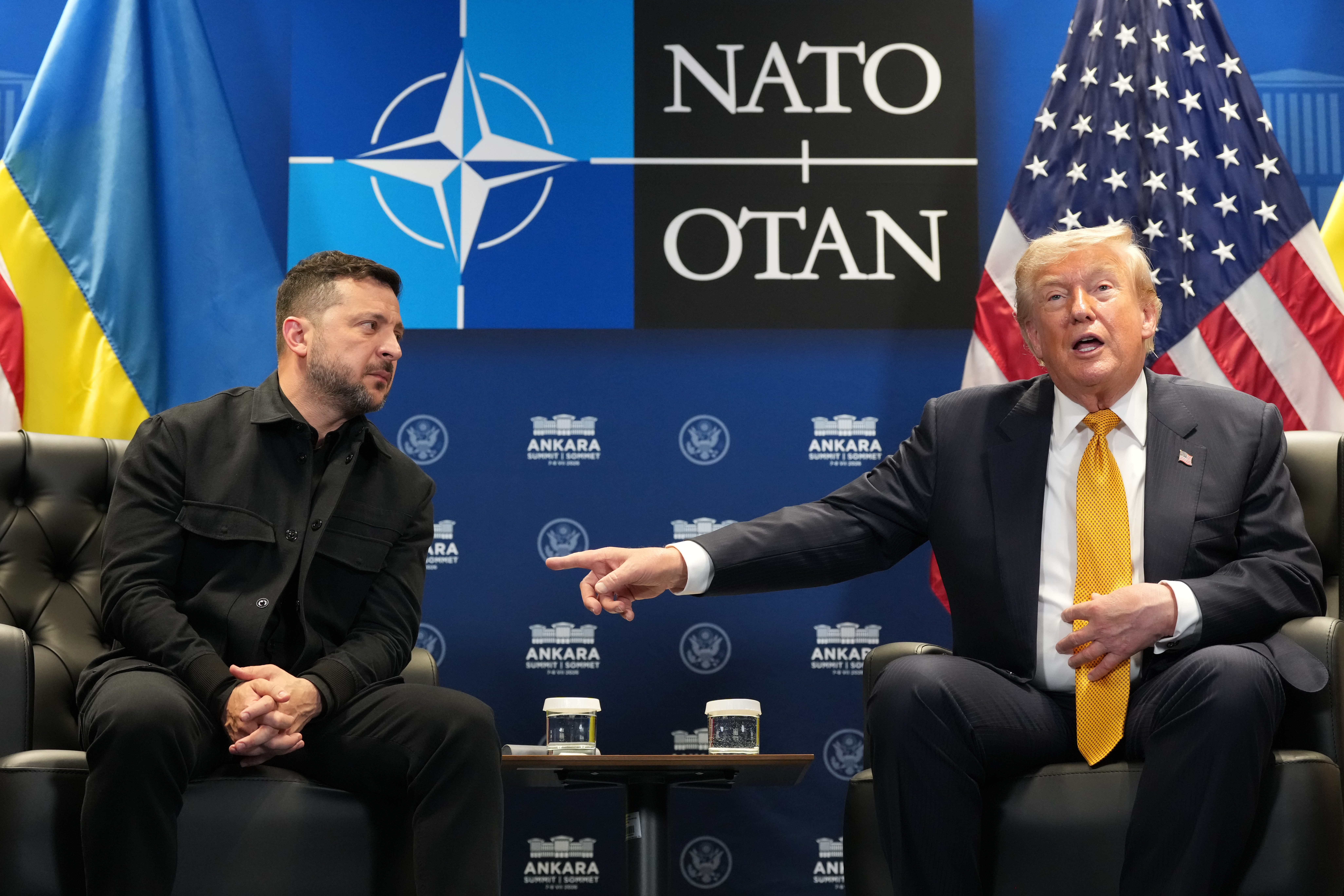 U.S. President Donald Trump meets with Ukraine's President Volodymyr Zelenskyy on the sidelines of the NATO summit in Ankara, Turkey, Wednesday, July 8, 2026.