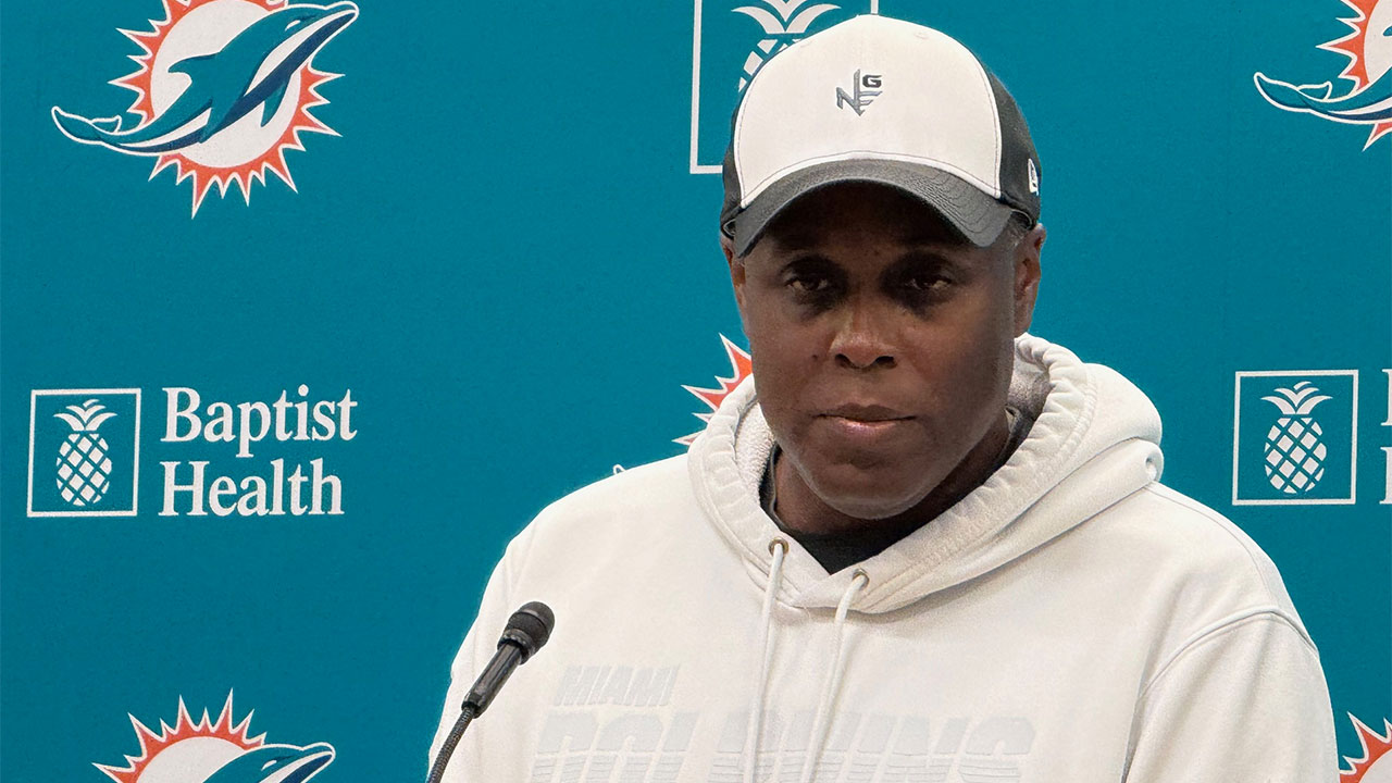 Miami Dolphins general manager Chris Grier holds a news conference on Aug. 27, 2025, in Miami Gardens, Fla.