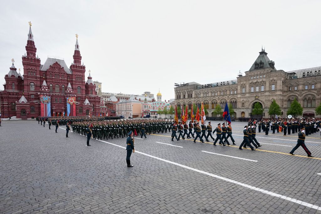 Russian servicemen march as they attend the Victory Day military parade in Moscow, Saturday, May 9, 2026, during celebrations of the 81st anniversary of the Soviet Union's victory over Nazi Germany during World War II.