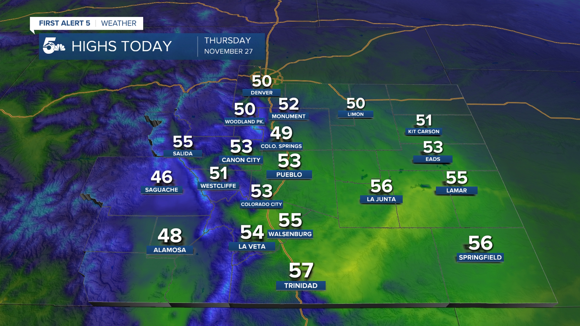 Thanksgiving day 2025 highs in southern Colorado