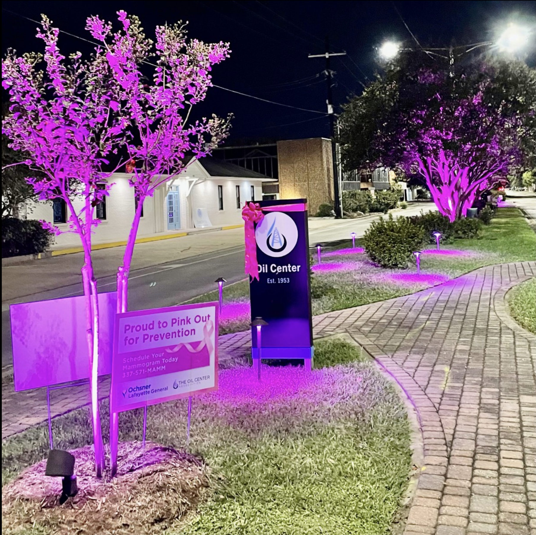 The Oil Center is glowing pink this October in honor of Breast Cancer Awareness Month