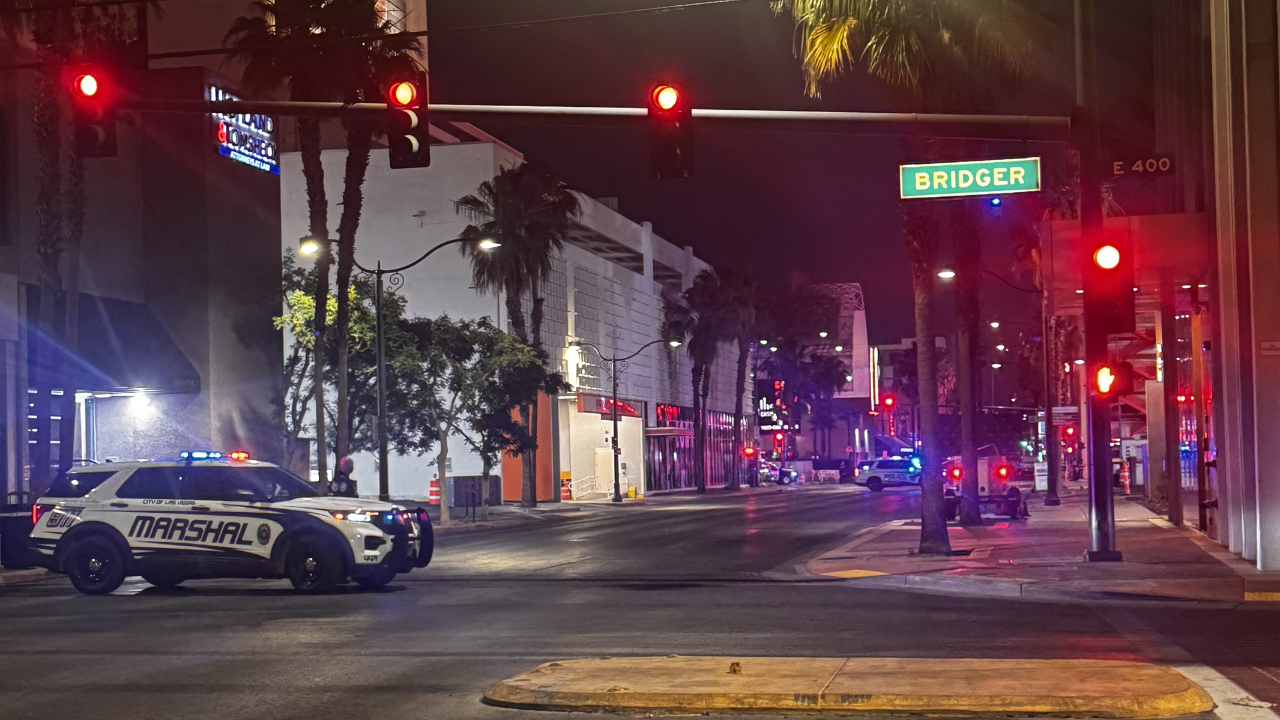 Police presence blocking roads in downtown Las Vegas
