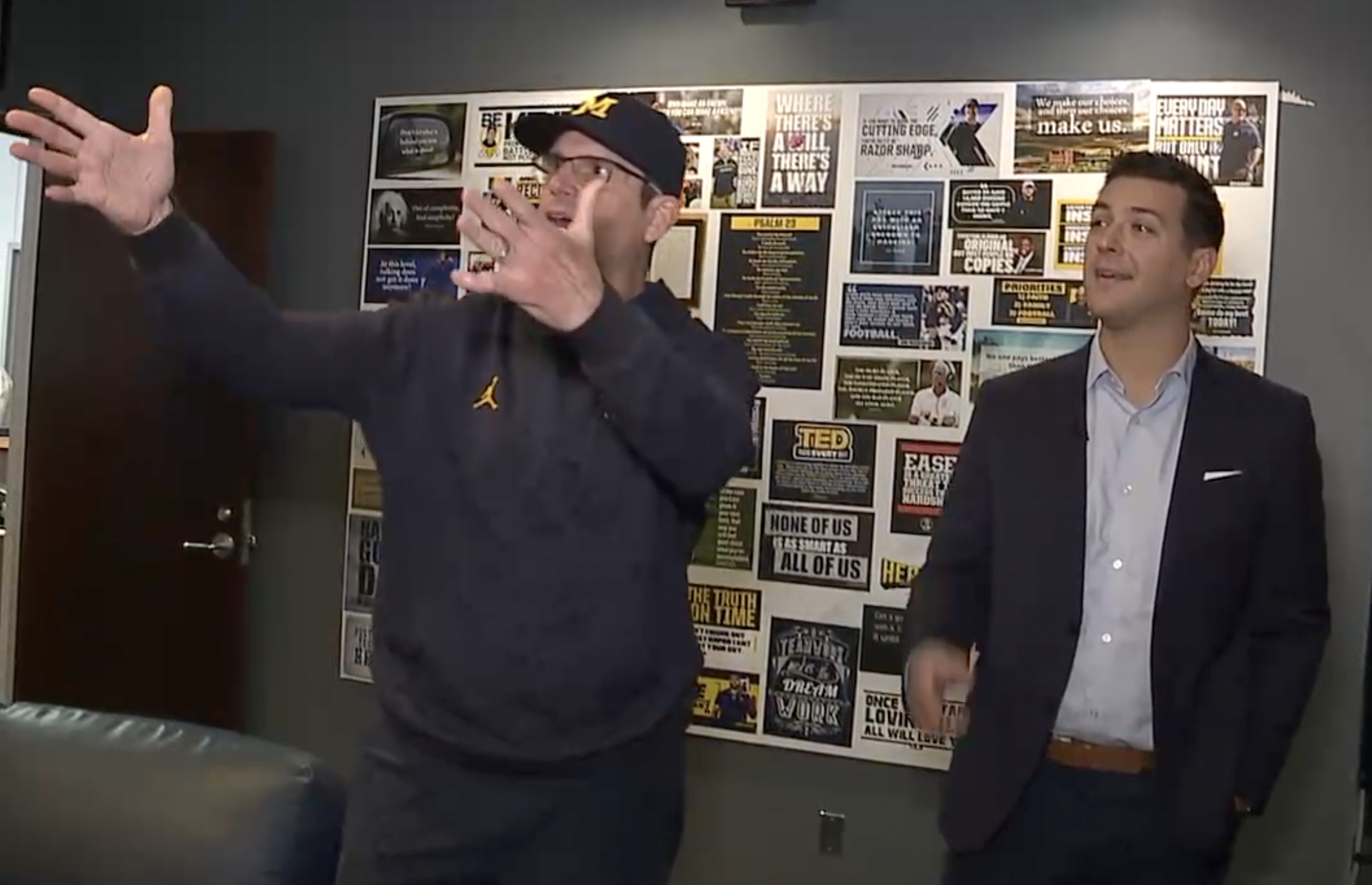 Jim Harbaugh gives tour of office