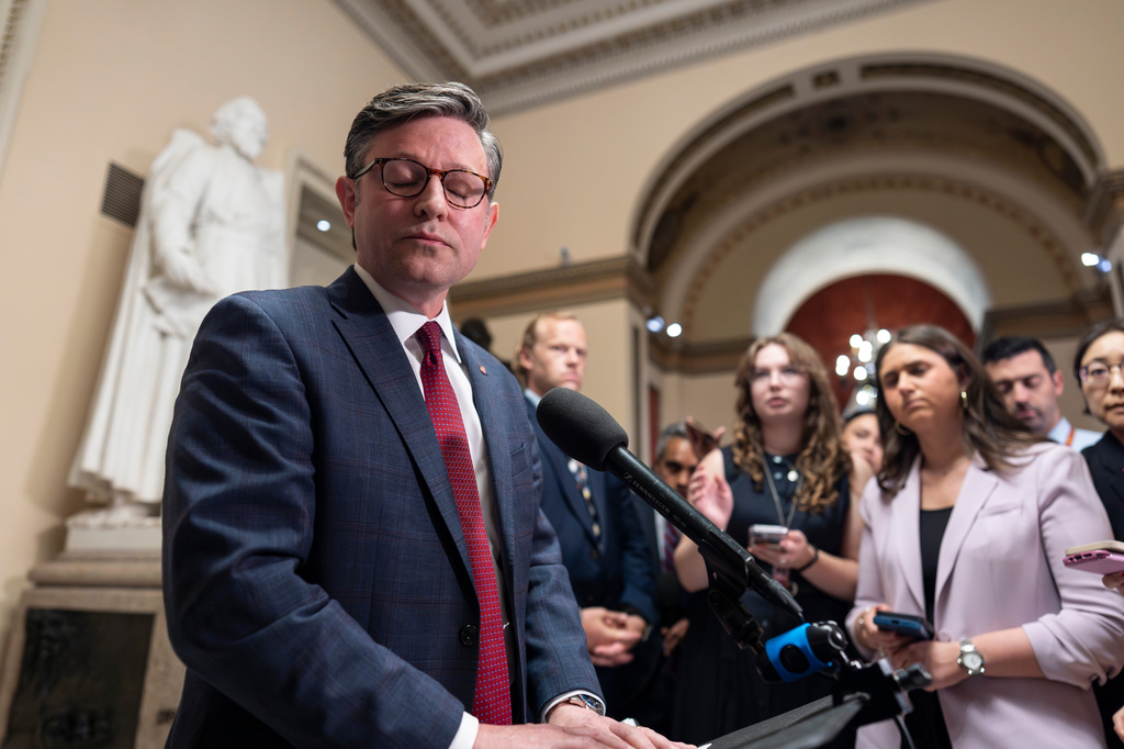 Speaker of the House Mike Johnson, R-La., talks to reporters after the House failed to temporarily extend FISA, the law that allows the U.S. to gather intelligence abroad, at the Capitol in Washington, Thursday, June 11, 2026.