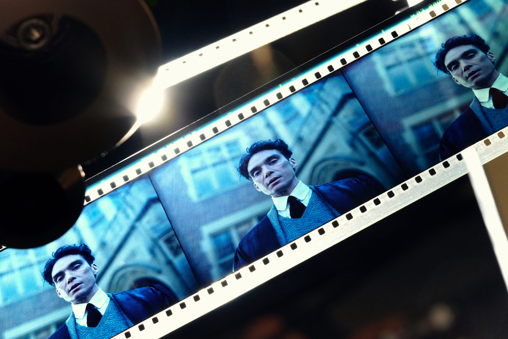 Frames from “Oppenheimer” on film at the AMC Lincoln Square in Manhattan, July 7, 2023. (Evelyn Freja for The New York Times)