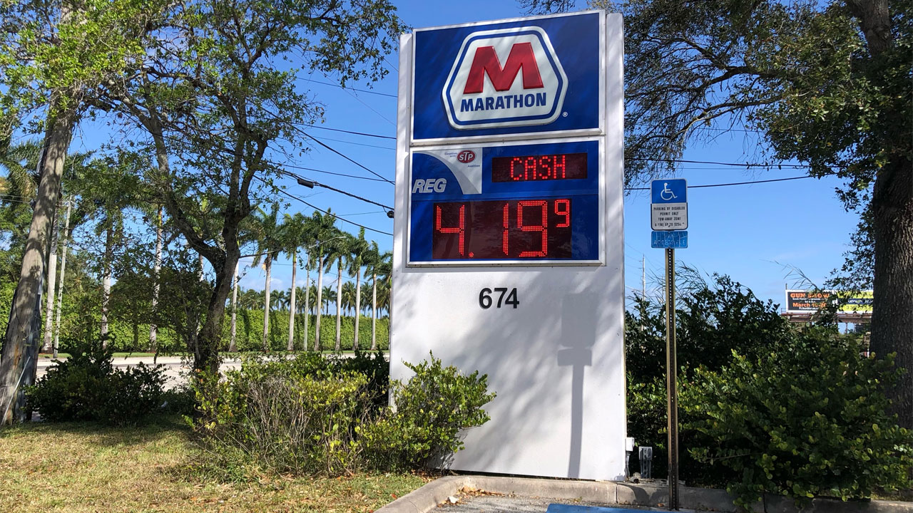 Gas prices at a Marathon gas station near West Palm Beach, March 14, 2022