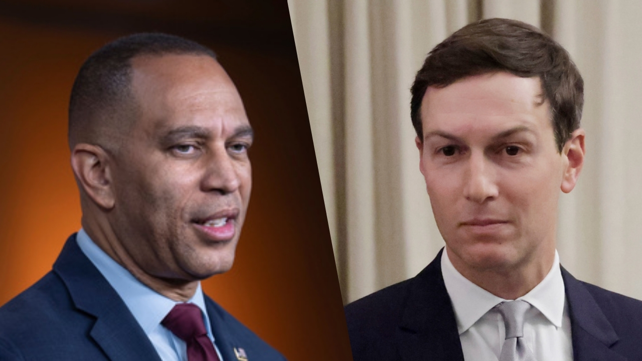 This combination of images shows House Minority Leader Hakeem Jeffries, left, and President Donald Trump's son-in-law Jared Kushner, right.