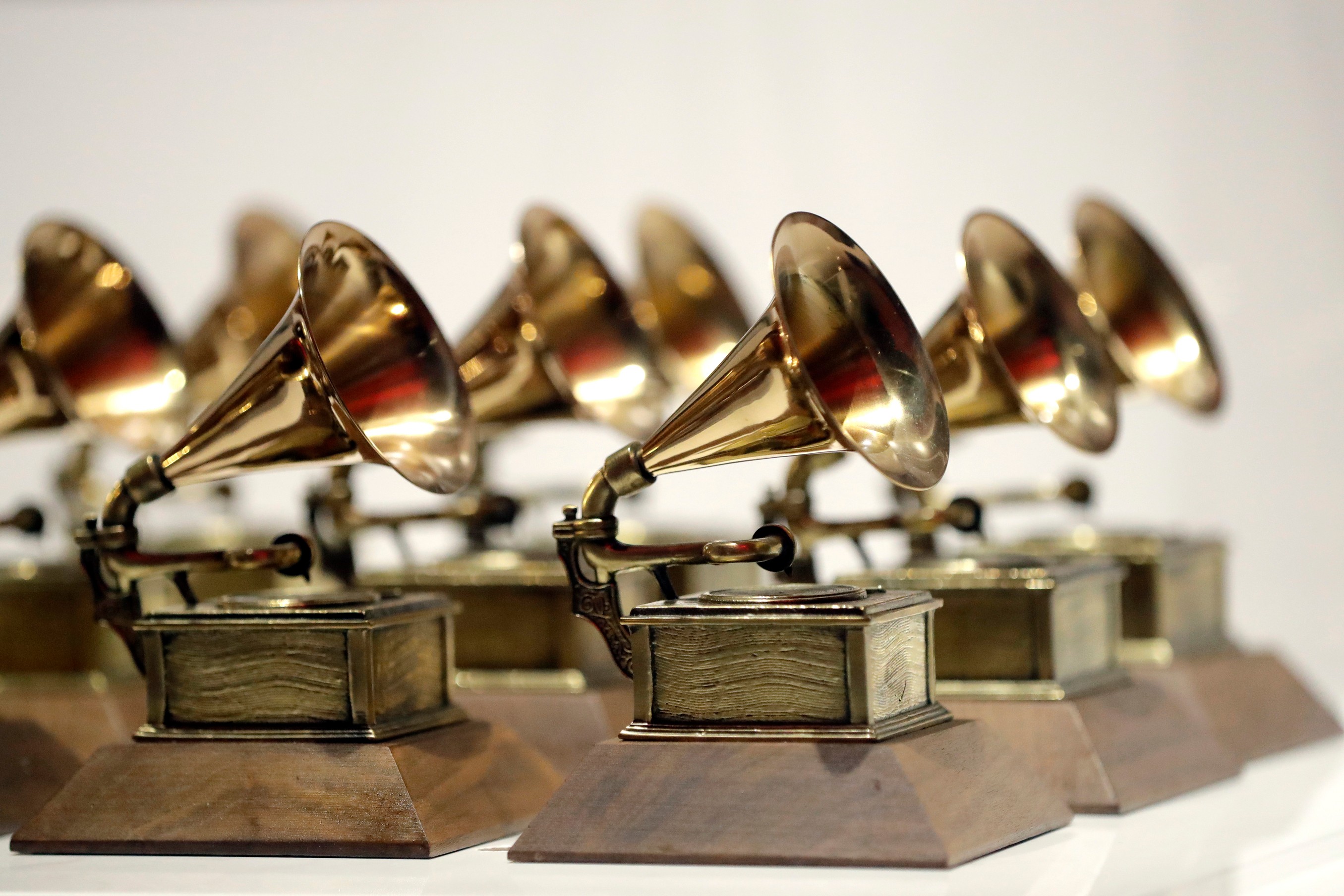 FILE - Grammy Awards are displayed at the Grammy Museum Experience at Prudential Center in Newark, N.J. on Oct. 10, 2017. 