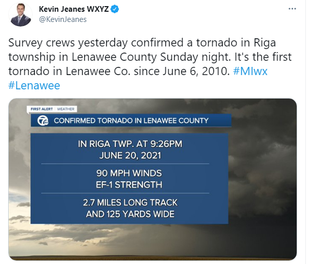 Confirmed EF-1 tornado in Lenawee Co. Sunday night