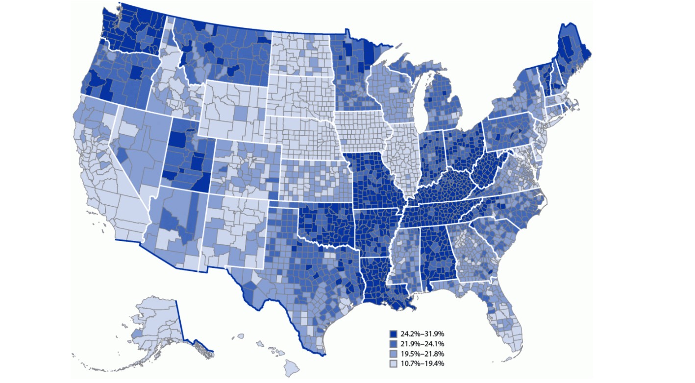CDC map of depression rates