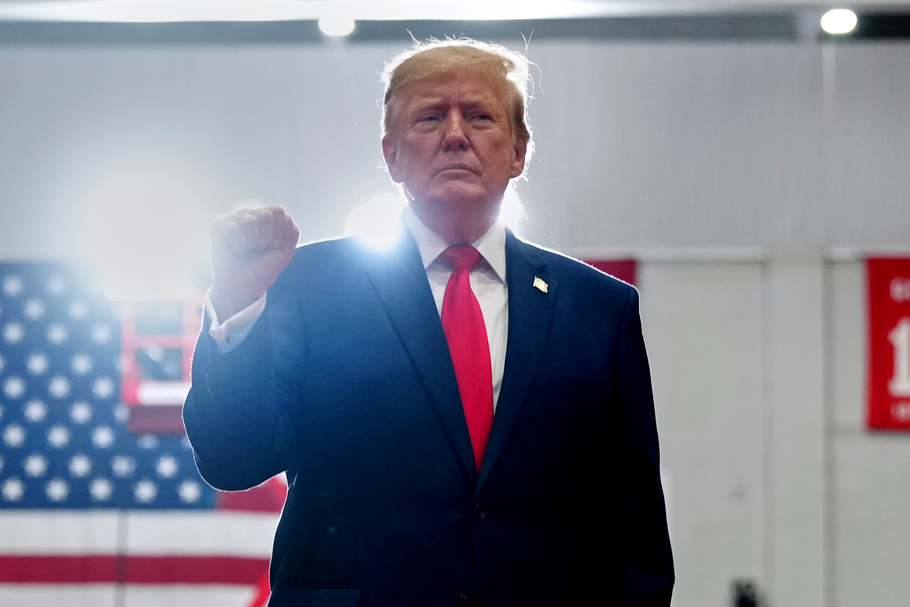 President Donald Trump arrives to speak during a campaign rally at McMorran Place Sports and Entertainment Center, Sunday, Oct. 25, 2026, in Port Huron, Mich.