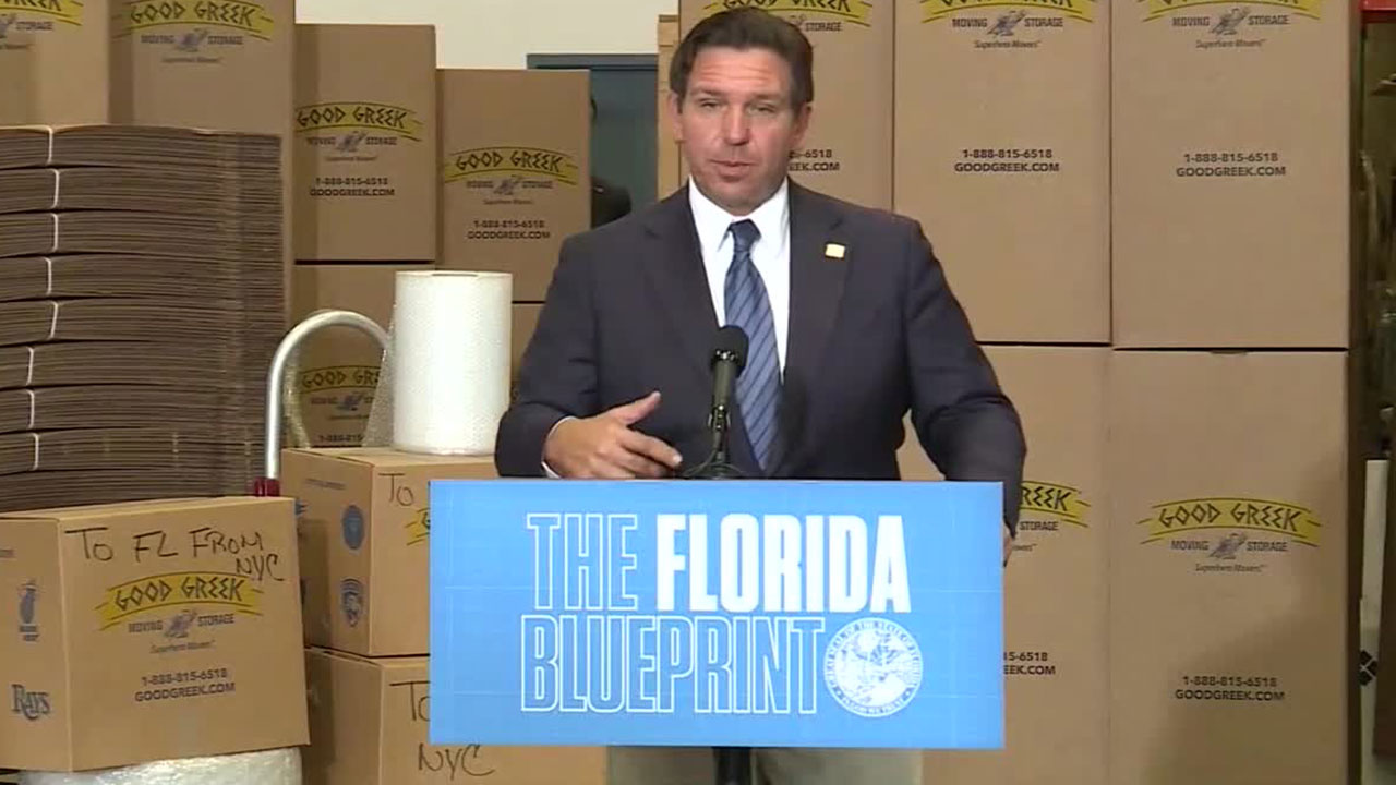 Gov. Ron DeSantis holds a news conference at Good Greek Moving and Storage near West Palm Beach on Dec. 10, 2025.