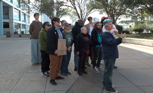 A group of protesters who barricaded themselves inside Mayor Todd Gloria's office last Friday returned to demonstrate outside police headquarters on Monday.