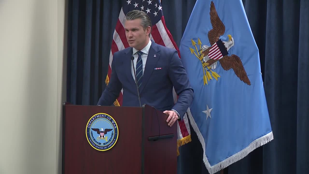 Secretary of War Pete Hegseth at Tampa's MacDill Air Force base to discuss Iran conflict