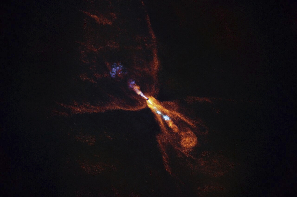 This image shows HOPS-315, a baby star where astronomers have observed evidence for the earliest stages of planet formation.